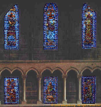 Taller twentieth century stained glass above, shorter 13th century glass below - Lausanne cathedral