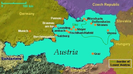 map of Austria, showing locations connected with Hitler