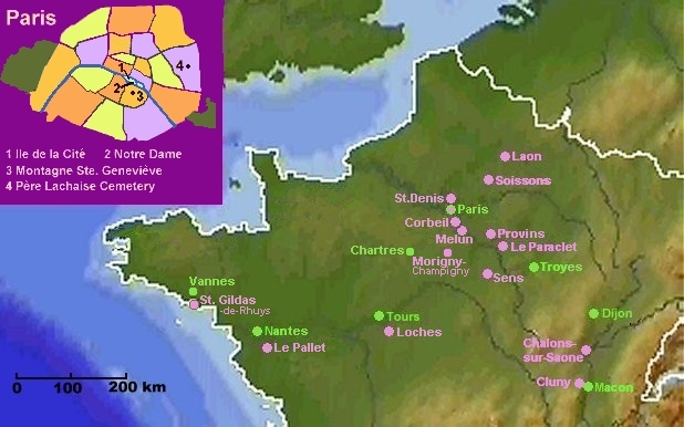 map showing places in Northern France where Peter (Pierre) Abelard lived, worked or visited. Paris, Le Pallet, St Gildas-de-Rhuys, Loches, Cluny, Chalons-sur-Saone, Sens, Morigny-CHampigny, Melun, Le Paraclet, Provins, Colbeil, Soissons, Laon.(Also some locating towns)