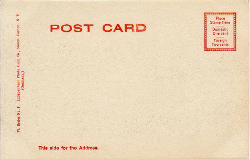Back of postcard - postage: 1 cents domestic, 2 cents foreign