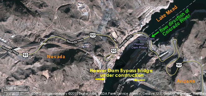Google satellite map showing the Hoover Dam, the winding Route 93 and the start of construction of the new bridge.