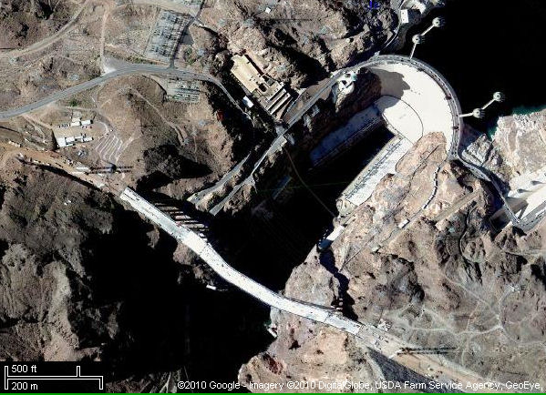 Google satellite image, showing the road bed being laid on the new Hoover Dam bridge.