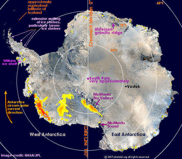 Antarctica, satellite photo from 2005, marked 
        to show location of Larsen ice shelf Image credit: NASA/JPL.