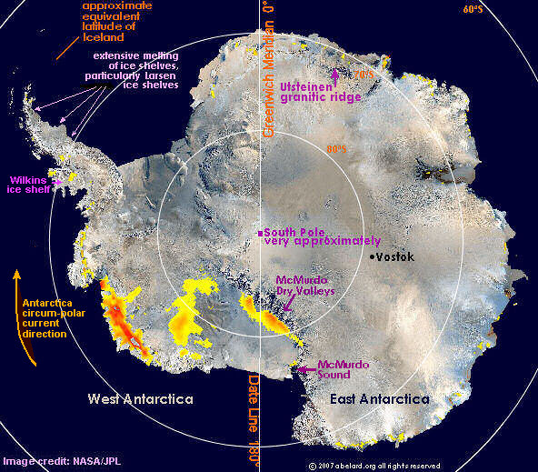 Antarctica, satellite photo from 2005, marked 
        to show location of Larsen ice shelf Image credit: NASA/JPL.