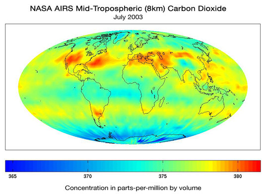 Mid-tropospheric (8km) carbon dioxide. Credit: AIRS Science Team, JPL, NASA
