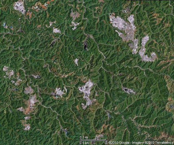 Satellite view of some mountaintop removal mines in West Virginia. 