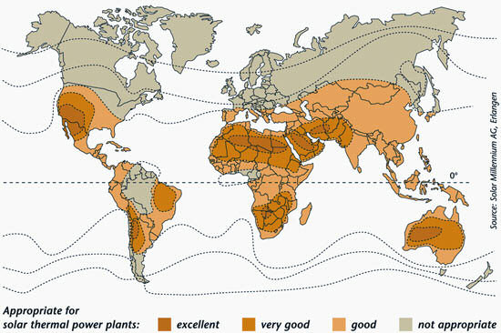 A world map showing where solar thermal plants would work best.  Credit: Solar Millennium