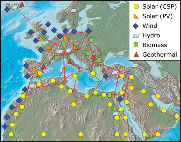 Renewable energy super-grid. Image: Trans-Mediterranean Renewable Energy Cooperation (TREC)