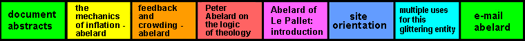 navigation bar ( eight equal segments) on 'news archives- politics news - bush speech on irak - followed by press questions' page, linking
  to abstracts, mechanics of inflation,logic has made me hated among men,Abelard of Le Pallet - an introduction,feedback and crowding, orientation, multiple uses for this glittering
  entity, e-mail abelard