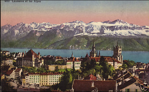 1924 postcard of Lausanne City, with Cathedral de Notre Dame, Lake Geneva and the Alps beyond.