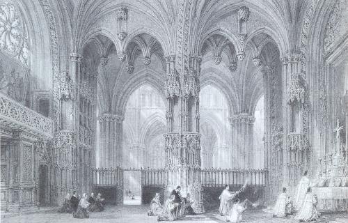 19th century engraving of the Chapel of the Bourbons, with Flamboyant spiral rose window on the left.