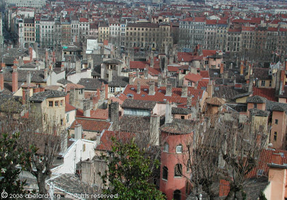 Lyon - the picturesque old quarter, with more recent urban buildings beyond, as seen from the Fourviere hill