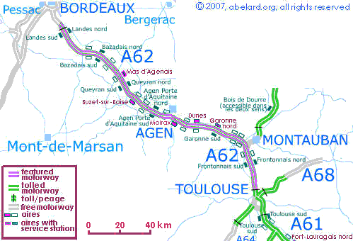 Map featuring the A62 autoroute/motorway.