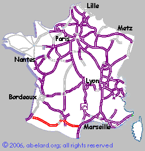Motorways/autoroutes of France, showing the A64 and A61 autoroutes