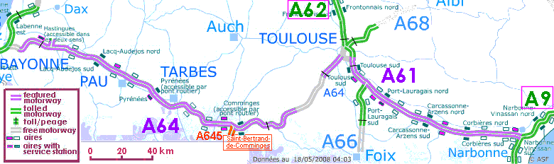 interactive map of the A64 and A61 autoroutes/motorways