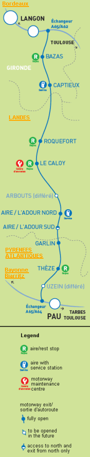 Map of the A65 motorway from Langon to Pau