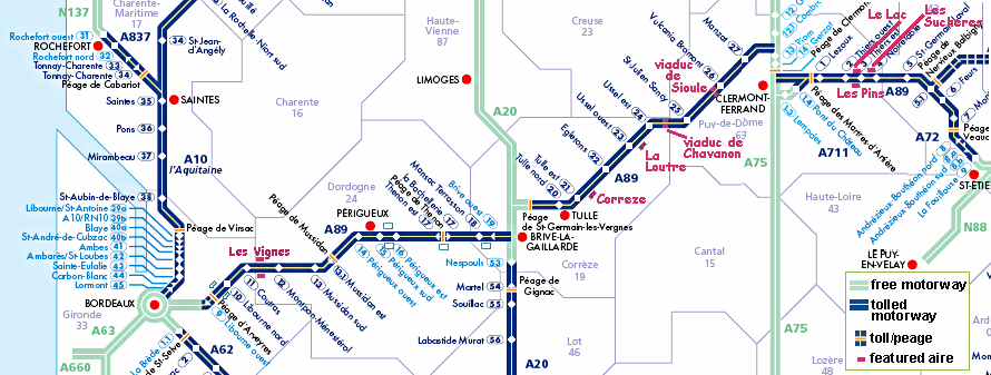 Map of A89 autoroute showing sorties and aires