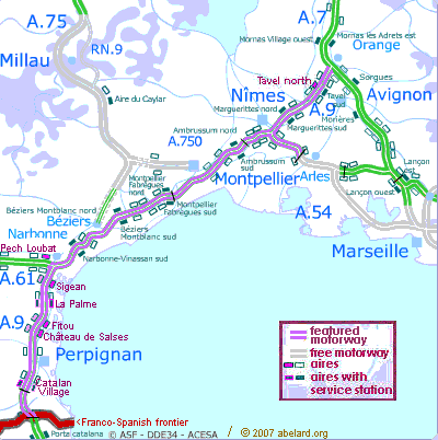 Interactive map of the A9 autoroute, with featured aires marked.