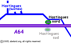 Sketch map showing access to Hastingues bastide from Hastingues Nord aire, A64.