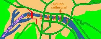 Sketch map of riverside Rouen, marking the bridges