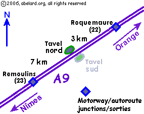 sketch map of Tavel north aire on the A9 autoroute,between junctions at Remoulins and Roquemaure, Orange and Nimes