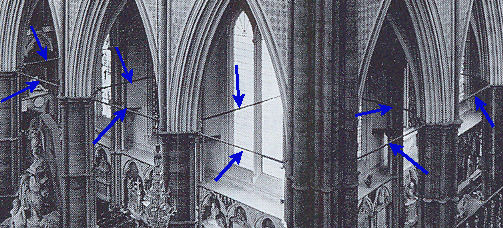 Iron stabilising bars in Westminster Abbey [indicated with blue arrows]