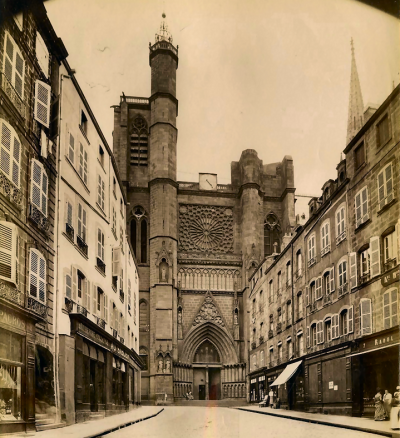 North front at Clermont-Ferrand cathedral with the silly clock.