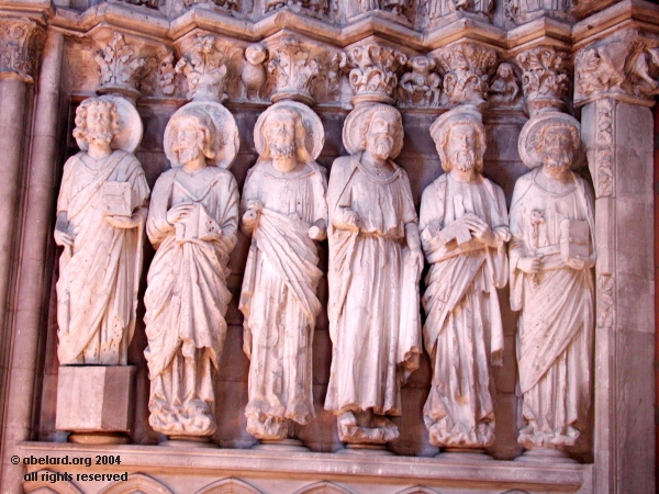 Saints to the left of the porch at Dax Cathedral, south-west France