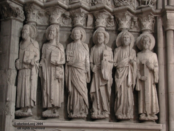 Apostles to the right of the medieval porch at Dax Cathedral, south-west France.