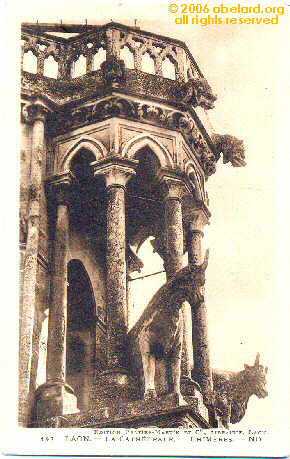 Some of the sixteen statues of bullocks on Laon cathedral.