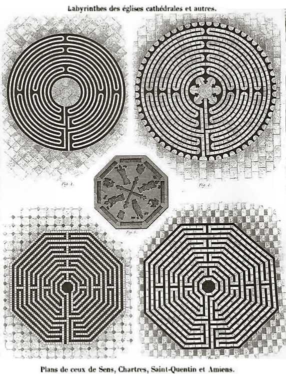 Plans of laybyrinths at Sens, Chartres, Amiens and Saint-Quentin, with Amiens centre medallion