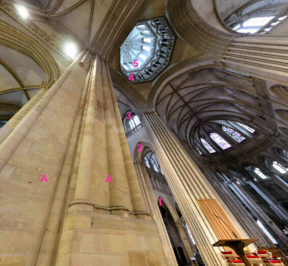 Where the nave and transept cross, Coutances Cathedral - looking up.