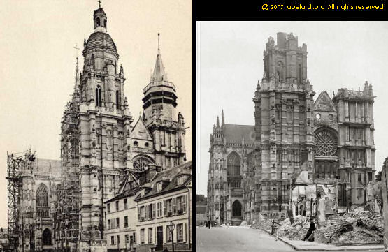Evreux cathedral before and after German bombing and associated fires in June 1940