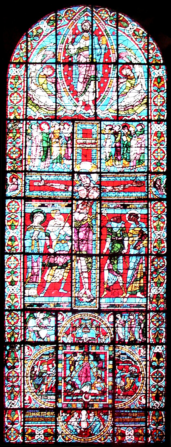 Window of the crucifixion in St Peter's Cathedral, Poitiers. image © abelard.org, 2004