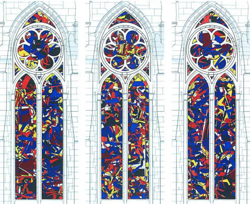 Three of the six windows by Imi Knoebel for Reims cathedral.