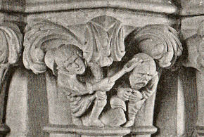 A stealer of fruit being punished. Capital in Wells Cathedral.