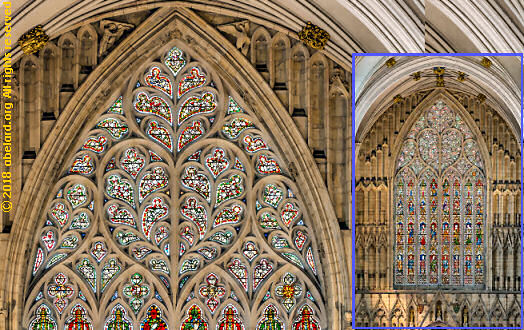 Detail of tracery in the west window of York Minster with a heart-shaped design (insert shows the full window)