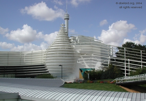 Futurist building with tower ride behind at Futuroscope