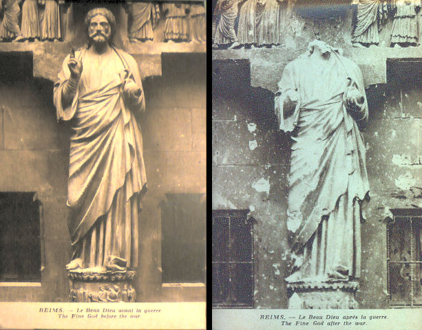 the Beau Dieu statue, before the war and after German bombing.