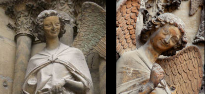Left: the Smiling Angel. Right: the Smile of Reims after restoration