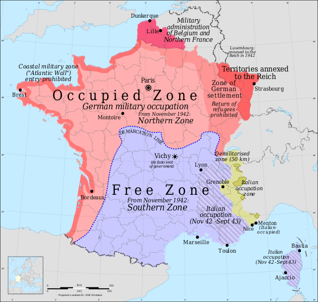 Map of Free and Occupied Zones in France during the German WW2 occupation.Source: Wikicommons