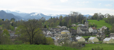 View across Bartres,  a typical Pyrenean village, where Bernardette stayed at times  during her childhood, to the Pyrenees mountain range.