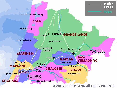 Departement of Les Landes, showing its component regions (pays). Original image: EDF