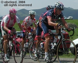 Lance Armstrong, Richard Virenque and Jan Ullrich (r to l) climbing a Category 2 hill