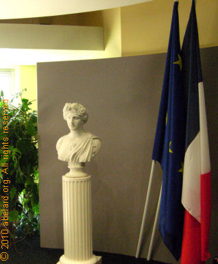 A bust of Marianne in the Salle des Fetes, part of the Mairie of a provincial town. The Salle des Fetes is used for meetings, including civil marriage ceremonies.