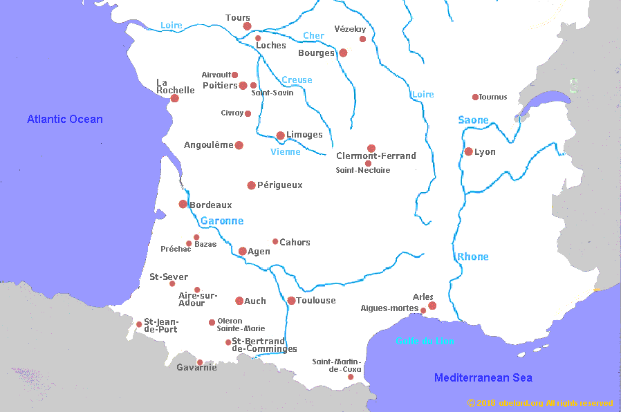 Map of towns and cities associated with interesting religious buildings, southern half of France