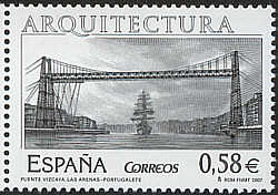 2007 Spanish stamp of tall ship passing under the Puente Vizcaya, Portugalete