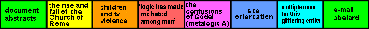 navigation bar ( eight equal segments) on 'headlines of previous news items at abelard.org - november 2003 listing' page, linking
to abstracts, the rise and fall of the Church of Rome,children and tv violence,"logic has made me hated among men",the confusions of Godel (metalogicA), orientation, multiple uses for this glittering
  entity, e-mail abelard