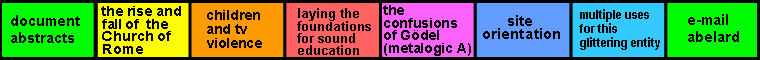 navigation bar (eight equal segments) on 'the open society: Top headline:comment on recent schooling film - reality in british state schools  | behaviour and intelligence news'  page, linking
  to abstracts, laying the foundations for sound education,why Aristotelian logic does not work,the logic of ethics,metalogic B1: decision processes, orientation, multiple uses for this glittering
  entity, e-mail abelard