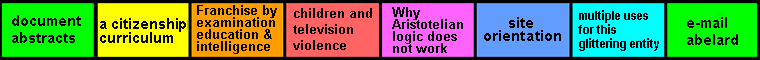 navigation bar (eight equal segments) on 'Laying the foundations for sound education. - abelard'
  page, linking to abstracts,citizen curriculum,franchise by examination education and intelligence,children and tv violence,why Aristotelian logic does not work,orientation,multiple uses for
  this glittering entity, e-mail abelard